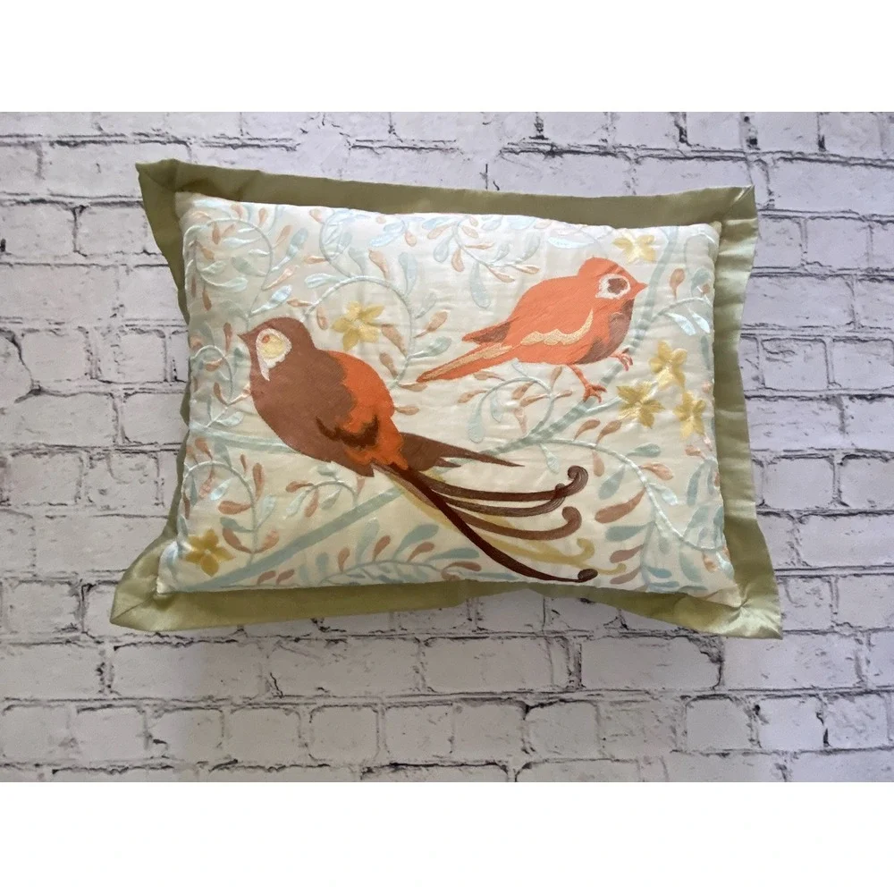 Vintage Blizzard Plush Decorative Bird Pillow Silk Satin Trim Zipper w‎ Insert